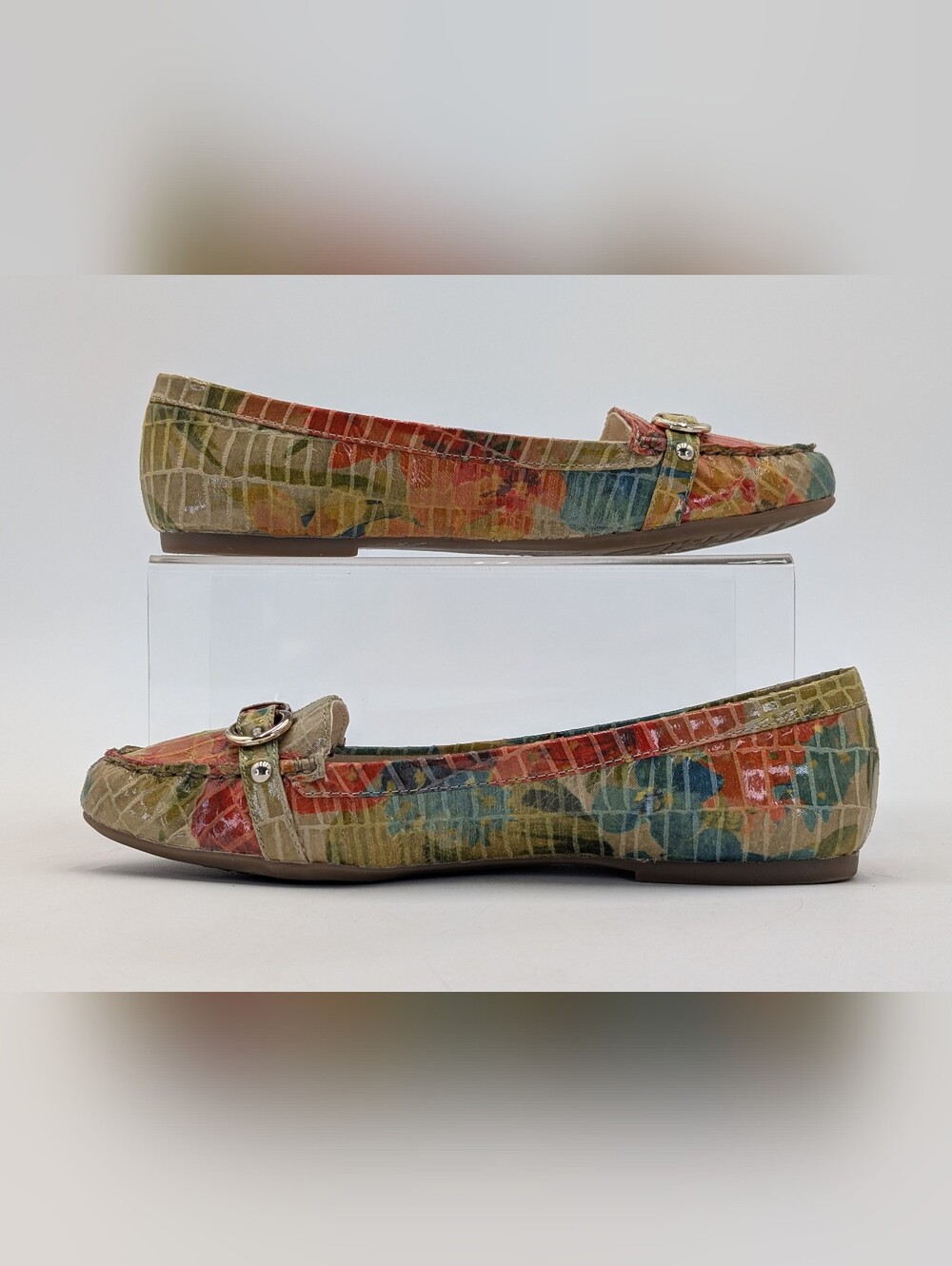 Anne Klein iflex Savina Sz 7.5 Multicolor Coral/Teal Croc Loafers Gold Buckles - Picture 10 of 16